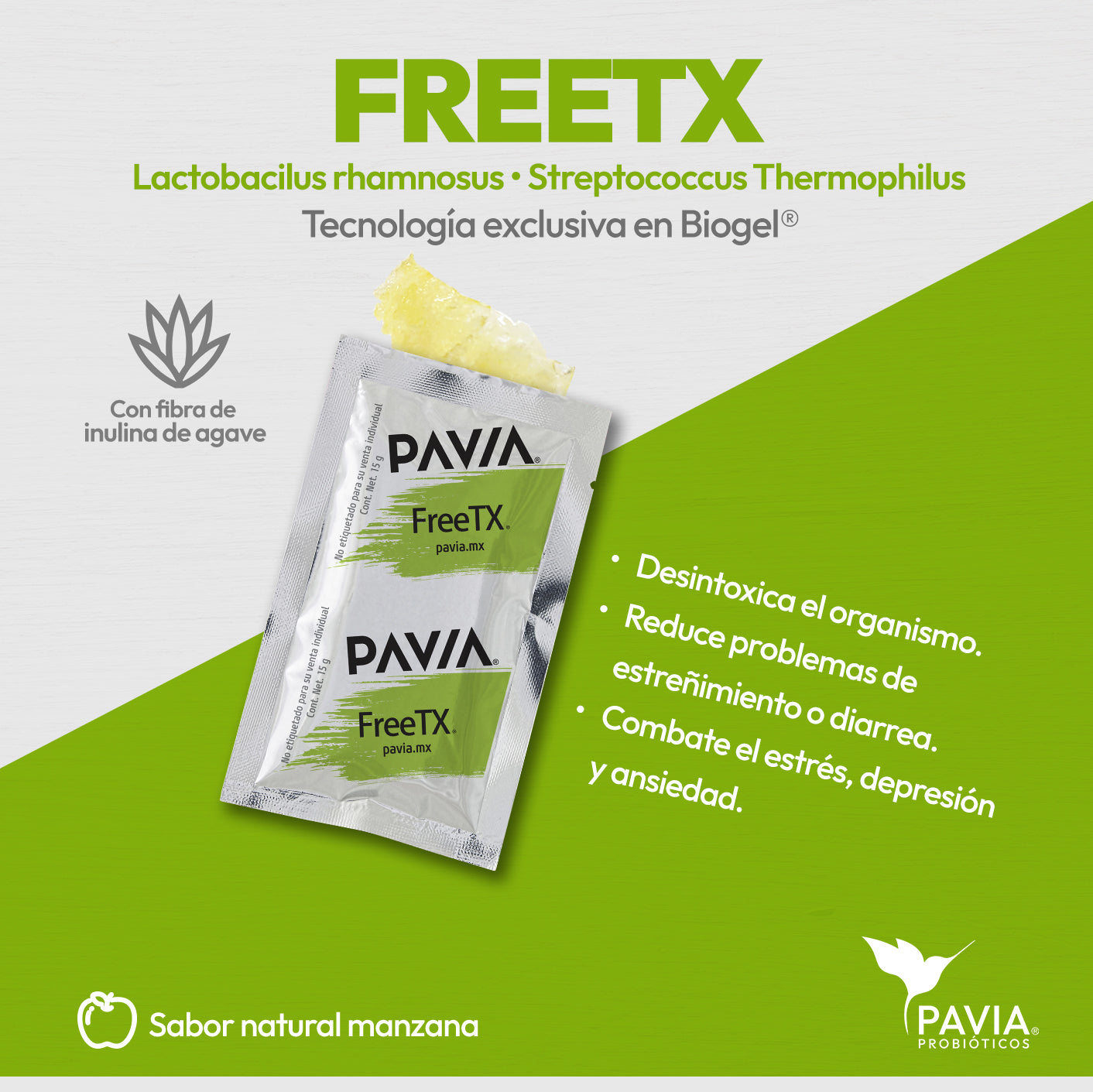 FreeTX | Probióticos vivos con fibra para una mejor digestión | 30 sobres | Sabor manzana