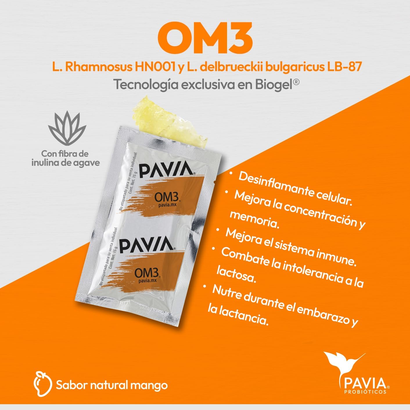 OM3 | Probióticos vivos omega 3 para mejorar la concentración | 30 sobres | Sabor mango