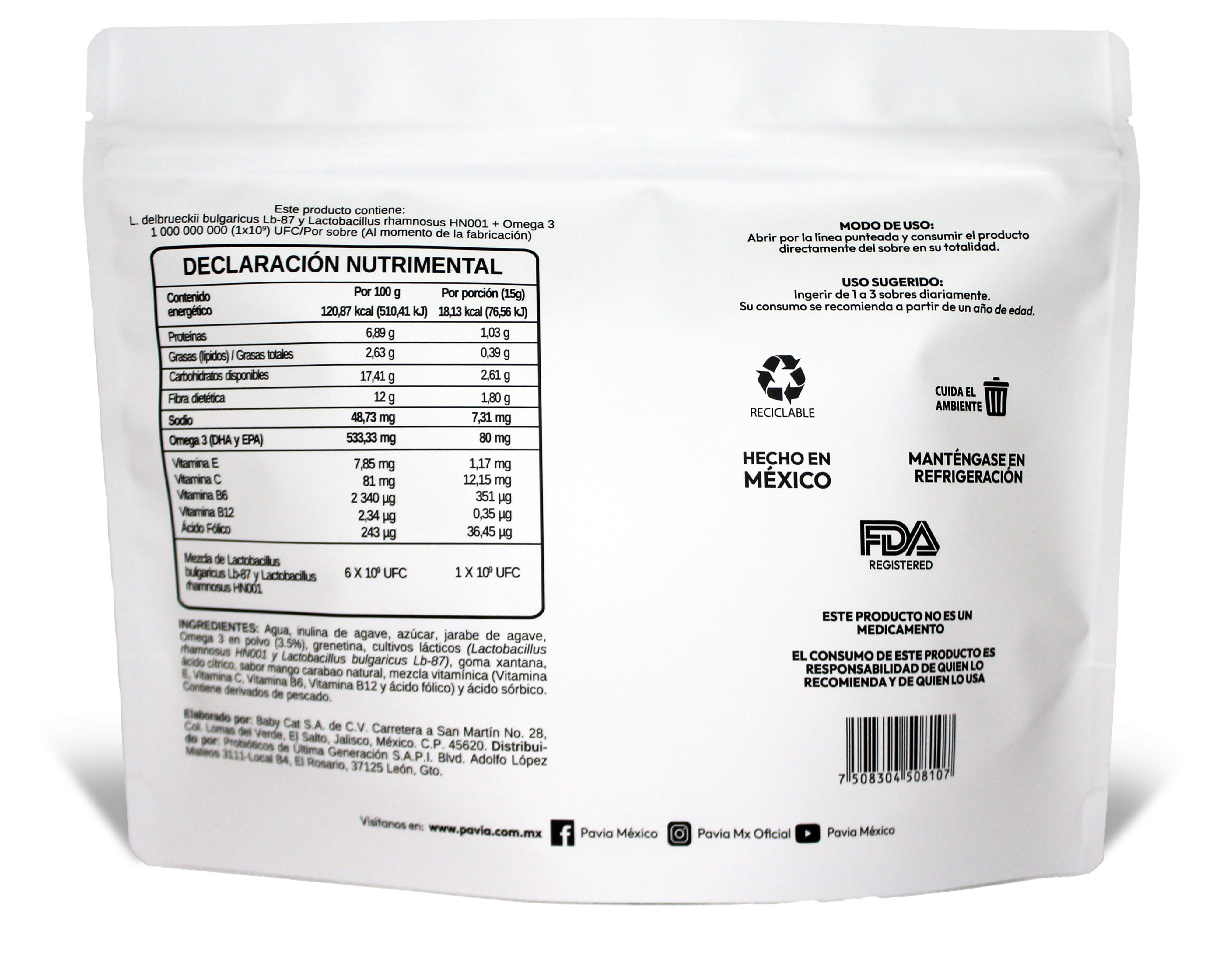 OM3 | Probióticos vivos omega 3 para mejorar la concentración | 30 sobres | Sabor mango