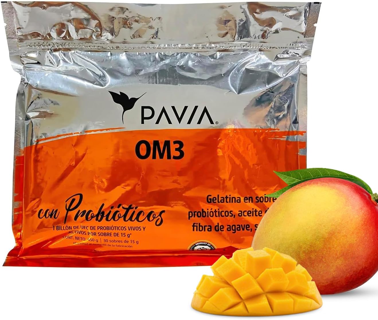 Bolsa de probioticos y Omega 3 en gel con 30 sobres, de Pavia sabor mango